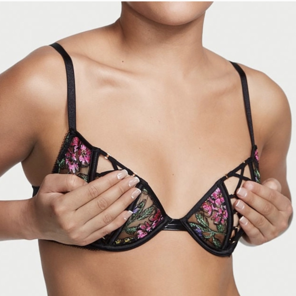 Victoria's Secret 32C Very Sexy Lace-Up Open Cut Demi Floral Embroidery Bra 111 - Picture 6 of 10